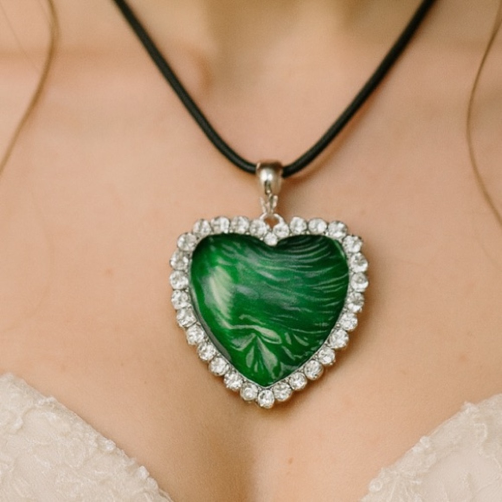Handmade Green Heart Fluid Art Necklace with Rhinestone Border on Black Cord - Picture 1 of 15
